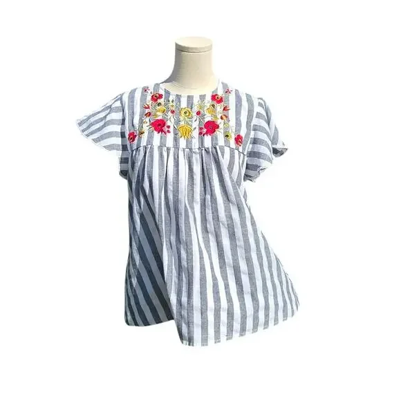 Emery Rose Flutter Sleeve Blue White Striped Embroidered Floral Blouse Womens L - Picture 5 of 12